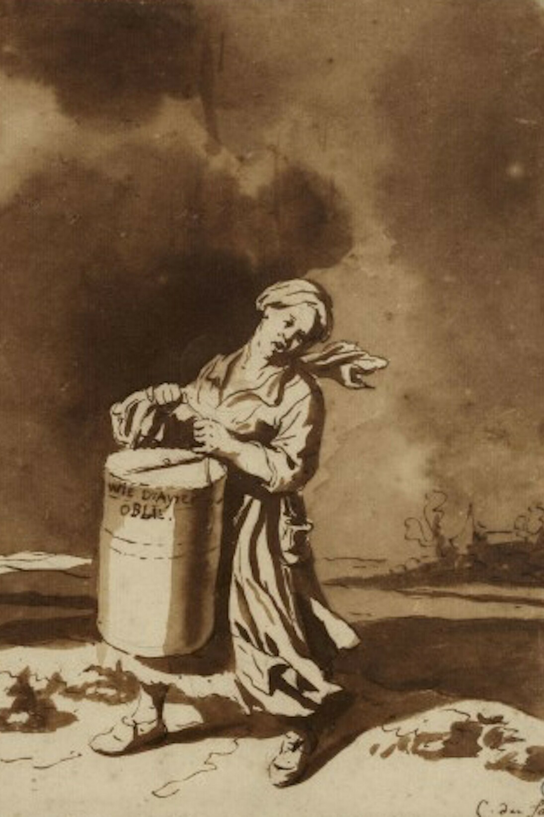 Cornelis Dusart, La Marchande d’oublies . Plume et encre brune, lavis brun. 34 x 26 cm. Beaux-Arts de Paris © Beaux-Arts de Paris, Dist. RMN-Grand Palais / image Beaux-arts de Paris