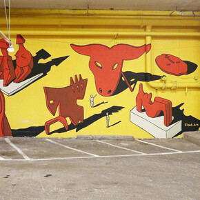 Various artists, Downtown. Illustrations at the Golda Parking Garage, exhibition view. Courtesy of Tel Aviv Museum of Art