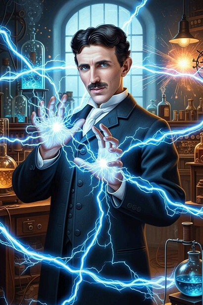 Nikola Tesla: Master of Lightning, reimagined through an AI-generated image