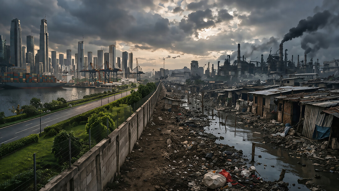 A divided landscape reveals two worlds side by side—prosperity and decay—highlighting the structural inequalities and environmental consequences that continue to shape global development