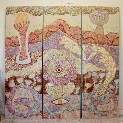 Cecilia Fiona, The weight of the world/Sky-sea, 2021. Rabbit-skin glue and pigments on canvas. 180 x 180 x 5 cm. Unique