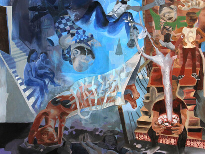 Rachel Zhang, Speed falling (Legs and arms race) (detail), 2022. Oil on canvas, 56 x 64 in | 142 x 162 cm. Courtesy of the artist and Fragment Gallery