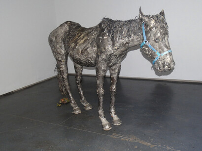 Henry, 2014-15. Wood, wire, newspaper, glue, tape, matte medium, UV matte varnish, 60 x 84 x 22 inches