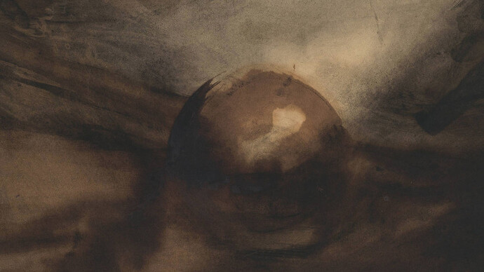 Victor Hugo, Planète (Planet), ca. 1854. Brown ink and wash over charcoal with touches of white gouache on paper. 12 1/8 × 14 9/16 in. (30.8 × 37 cm). Collection of David Lachenmann.
 