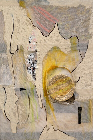 Jessica Jackson Hutchins, Late Gain Wide, 2014, Linen, fabric, acrylic, ceramic, collage on wooden stretcher with wood stain, 119.4 x 94 cm, Courtesy Timothy Taylor Gallery