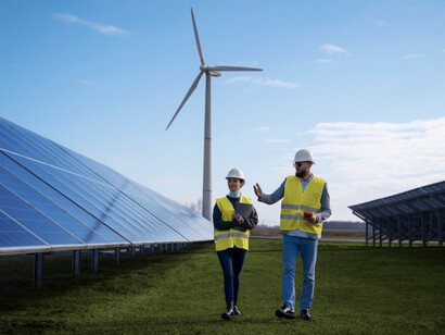 Technicians inspect wind turbines and solar panels, symbolizing the GCC-China push for renewable energy 