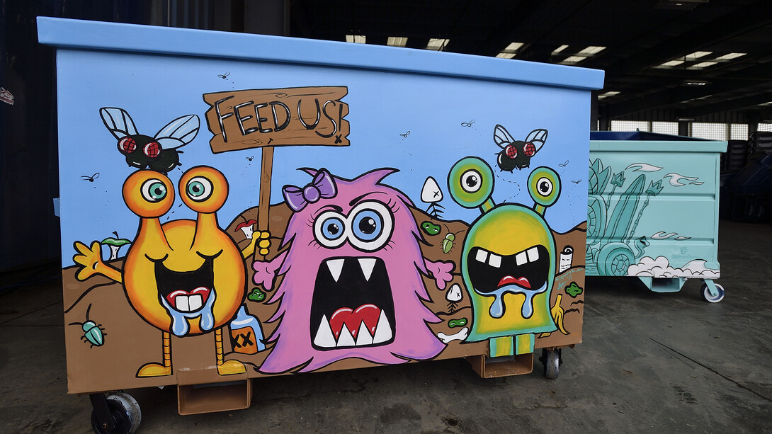 An artistically designed giant dumpster 