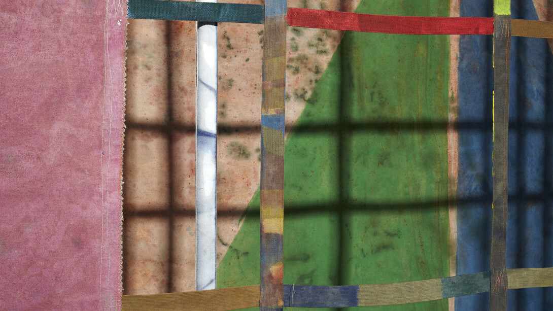 Alan Shields, detail of Maze, 1981 – 1982, Acrylic and thread on canvas, cotton belting, Velcro and aluminum pipe, 87 x 219 x 219 inches. Estate of the artist, courtesy Van Doren Waxter, New York.