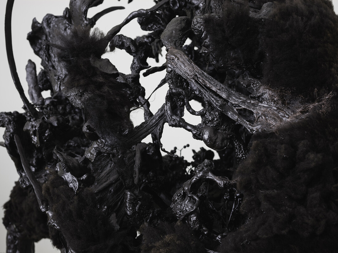 Eoin Mc Hugh, the ground itself is kind, black butter, 2014, black sheepskin, wax, steel and mixed media, 224 x 122 x 190 cm / 88.2 x 48 x 74.8 in, image courtesy of the artist and Kerlin Gallery, Dublin