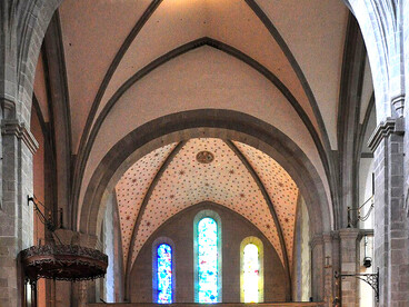 Fraumünster church inside view Zurich Switzerland, stained glass interior, European landmark