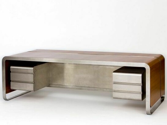 Michel Boyer, Desk, 1970. Brushed stainless steel, walnut, 29.13 H x 94.49 x 39.37 inches, 74 H x 240 x 100 cm. Unique, commissioned by Elie de Rothschild.