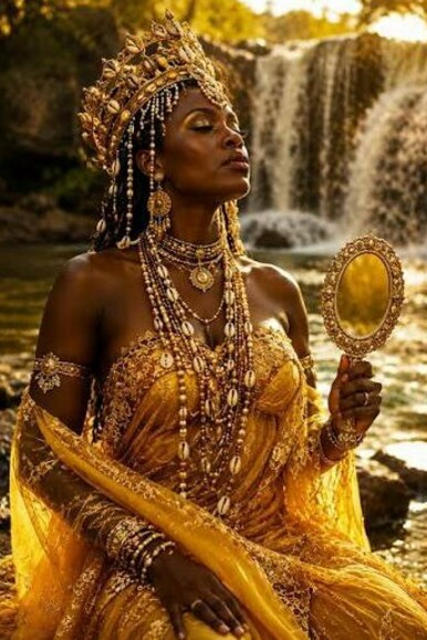 Vestida de dourado e adornada com colares e uma coroa elaborada, uma mulher segura um espelho diante de uma cachoeira. A imagem evoca Oxum, orixá associada às águas doces, à beleza e ao espelho, símbolo do olhar para si e do reconhecimento das verdades que habitam o interior