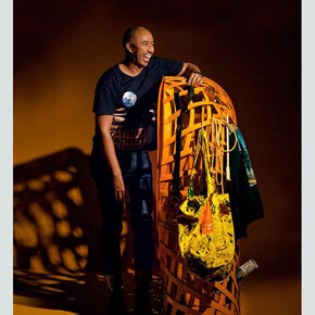 Stephen Burks with Woven TV (Shelter in Place project), 2022, enamel, epoxy resin, LED, and polylactide (PLA), designed by Stephen Burks (American, born 1969), manufactured by Stephen Burks Man Made, New York, established 1997, collection of the designer. Photo by Caroline Tompkins