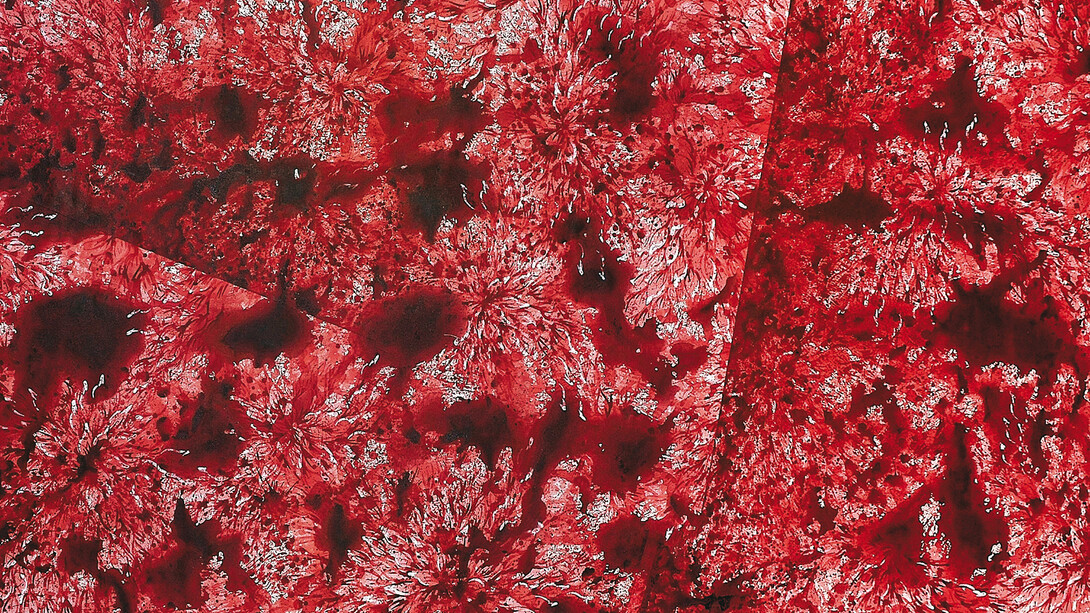 Imran Qureshi, You Who Are U Love and My Life’s Enemy Too, 2015, Acrylic paint on canvas, 198,1 x 464,8 cm (78 x 183 in), Courtesy Galerie Thaddaeus Ropac Paris/Salzburg. Photo: Usman Javed