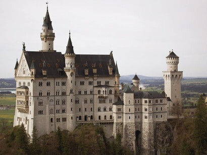 Neuschwanstein Castle near Füssen, Germany, set against the scenic Bavarian landscape