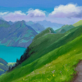 Kirsten Savage, Crest Stoos Hike, Switzerland, oil on panel, 6x9x1 inches. Courtesy of the artist and Abend Gallery