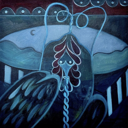 Jingqi Wang, Midnight Madness, Oil and acrylic on canvas 20 × 20 in (50.8 × 50.8 cm), 2023. Courtesy of Village OneArt