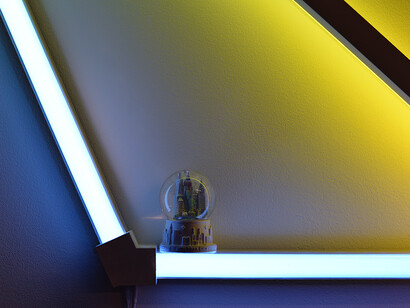 James Clar, Folded Space, 2016 LED lights, filters, snowglobe, 3D printed parts 120 x 85cm detail