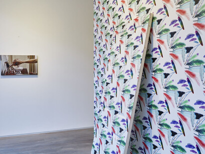 Lisa Slominski, 2 B Or Not 2 B, 2015, digital print and interior paint on door, interior paint on digitally-printed wallpaper, 196 x 78 x 4 cm (door), dimensions variable (wallpaper)