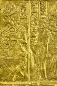Fragment of the gilded wooden shrine with scenes of Tutankhamun and Ankhesenamun