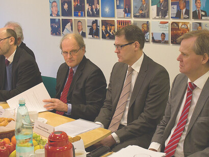 Hans Brask, BDF Director, Thomas Bustrup, Deputy Director General of the Confederation of Danish Industry, Per Jørgensen, Director at Rambøll (Oil and Gas), John Finnich Pedersen, Director of Communication at Siemens, and Per Carlsen, Danish Ambassador to Latvia, regarding Baltic Sea region priorities