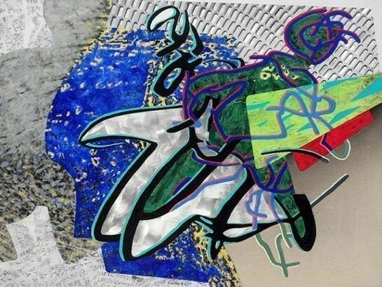 Zigi Ben-Haim, Locked Look, 2013, Alkyd, canvas, and paper on aluminum, 35.5 x 48 x 2.25 in / 90.17 x 121.92 x 5.72 cm