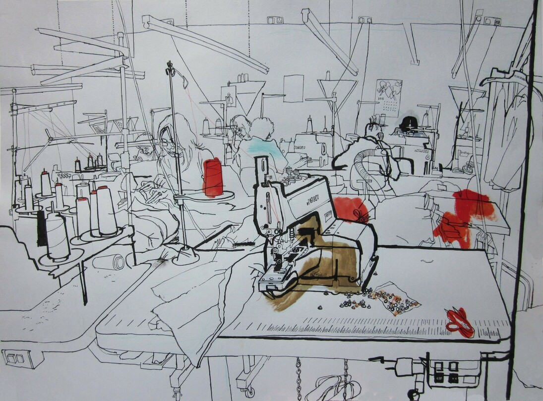 Santwyn sewing machinists - drawing by Lucinda Rogers