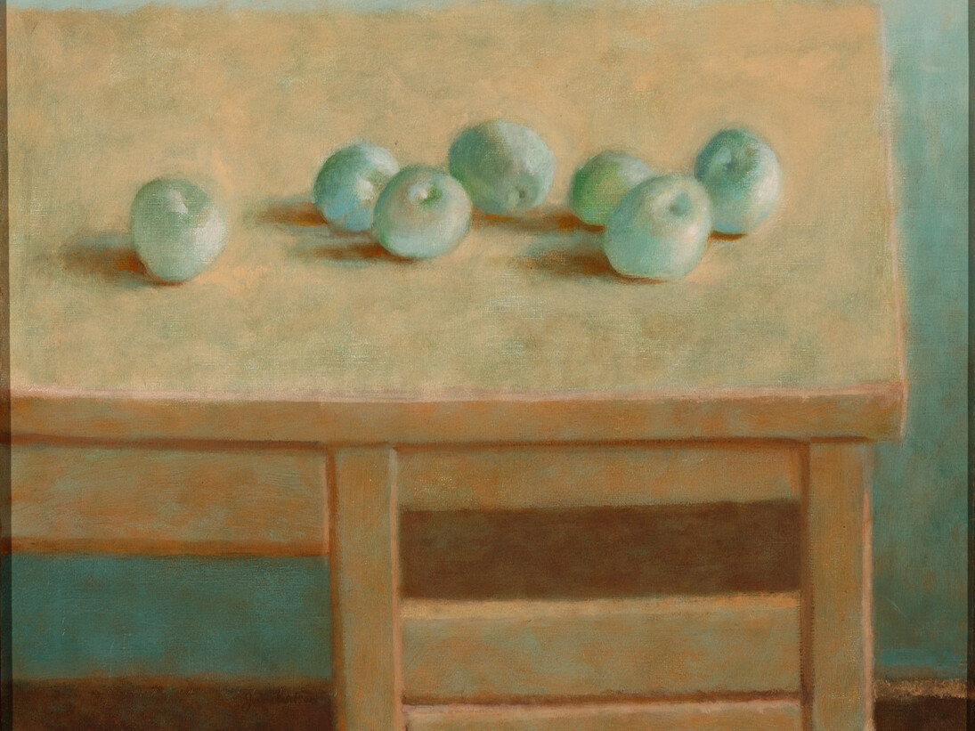 Jane Wilson (American, born 1924), Seven Green Apples, 1981, Oil on canvas, 20 x 25 inches, Parrish Art Museum, Water Mill, N.Y., Gift of the American Academy and Institute of Arts and Letters
