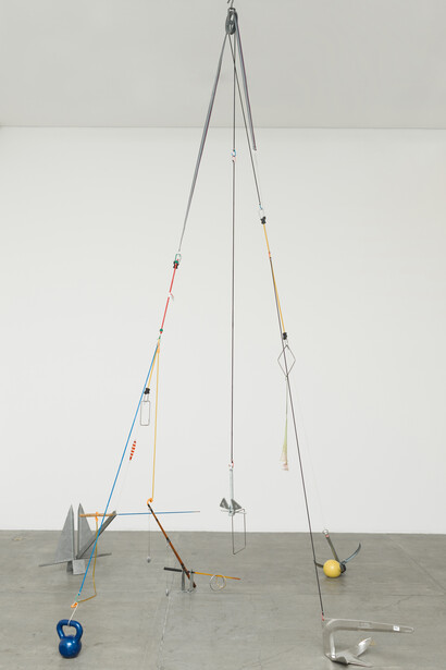 Rodrigo Matheus, Terra à Vista, 2015, Anchors, bungee cords, weights, pulley, artificial flower, fishing equipment, Variable dimensions. Photo: Eduardo Ortega, Courtesy Galeria Fortes Vilaça