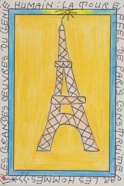 Frédéric Bruly Bouabrè, La Tour Eiffel de Paris construite par les hommes,
dalla serie Le grandes ceuvres du genie humain, 2012, tecnica mista su
cartoncino, cm. 15x11.
