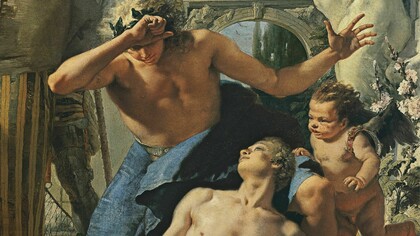 En "La muerte de Jacinto", Giambattista Tiepolo dramatiza el instante en que el dios Apolo contempla trágicamente la finitud de su joven amado