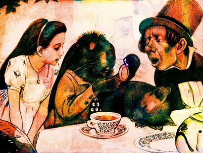 Escena del capítulo VII: siguiendo el consejo del gato de Cheshire, Alicia va a la casa de la Liebre de Marzo y acaba en una merienda estupefaciente con el Sombrero Loco