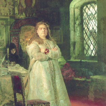 La Tsarevna Sofia Alexeïena au couvent de Novodievitchi pendant l’exécution des Streltsy et la torture de ses serviteurs en 1698, 1879.
Huile sur toile, 201,8 x 145,3 cm.
Galerie d’État Trétiakov, Moscou.