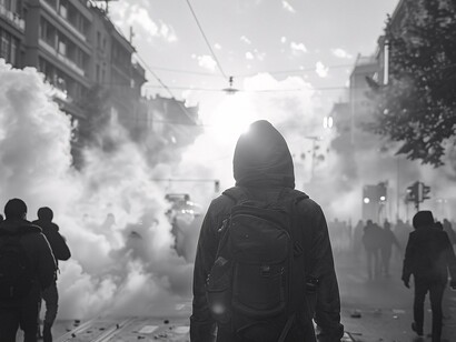 A lone figure moves through a turbulent protest scene, embodying the defiance and resilience of movements challenging oppression