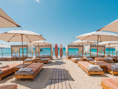 Mykonos, Greece, home to the Guess Beach Club with barefoot elegance and sea views