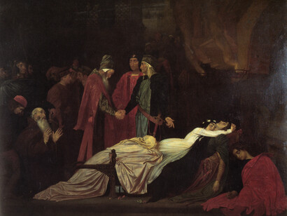 Os riscos do amor: «A Reconciliação dos Montecchios e Capuletos diante da morte de Romeu e Julieta» (1855), Frederick Leighton