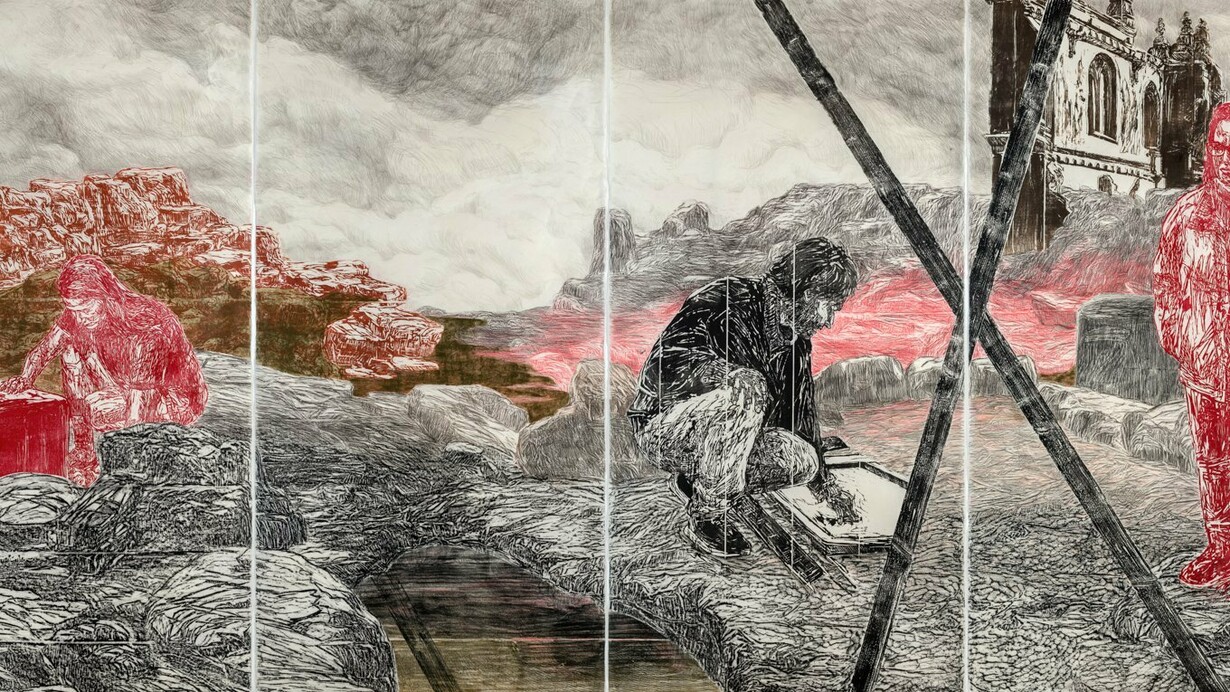 Orit Hofshi,
Nebulous (detail), 2022,
Hand Printed Woodcut, Rubbing and Color Pencil Drawing on Handmade Kozo & Abaca Paper,
80 3/4" x 161" (205 x 409 cm). Courtesy of the artist and Yossi Milo Gallery