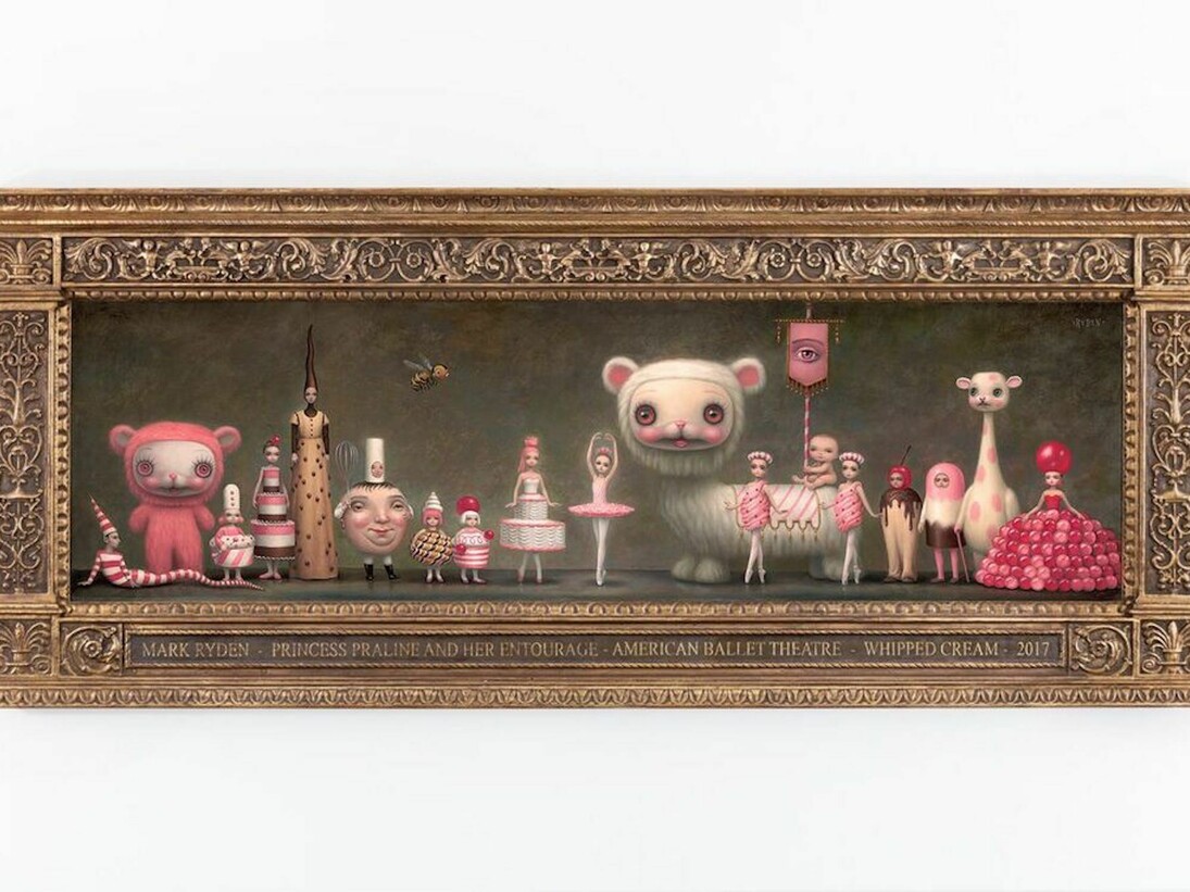 Mark Ryden, Princess Praline and Her Entourage, 2017, oil on canvas 15 x 52, inches, 38.1 x 132.1 cm, 25 1/4 x 61 1/2x3 1/2 inches, framed 64.1 x 156.2 x 8.9 cm. Courtesy of Paul Kasmin Gallery