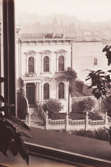 Eadweard Muybridge, “View from the Window of 605 O'Farrell Street, San Francisco”, from the album “Home”, 1880. Albumen silver print, 7 x 9 in. Museum purchase, Achenbach Foundation for Graphic Arts Endowment Fund and the Jacqueline Roose Fund in honor of Robert Flynn Johnson, 2003.70.37