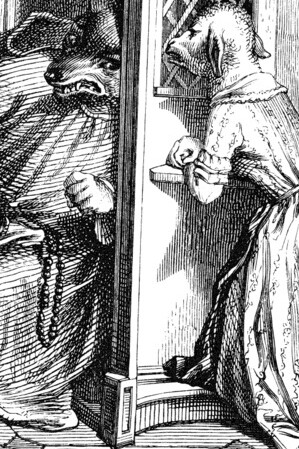 "Loca es la oveja que al lobo se confiesa", ilustración del libro "Cien proverbios", J. J. Grandville, 1845