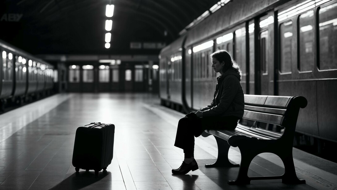 A lone traveller waiting on a platform, representing the choice to continue the journey despite unresolved chapters