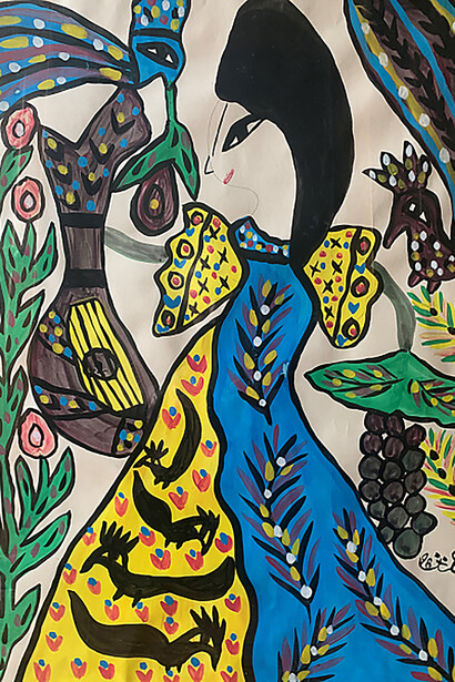 Baya, Femme, oiseaux, grappe, fleurs-1998-Collection Claude et France Lemand