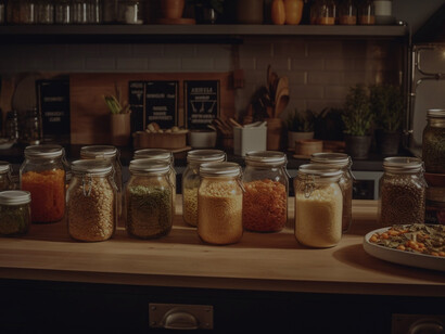 A kitchen counter adorned with an array of elegantly displayed jars filled with delectable ingredients