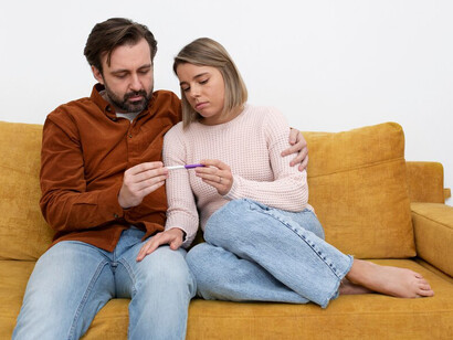 Couple sitting together on the couch, holding a pregnancy test in silence as they confront the emotional struggles of infertility