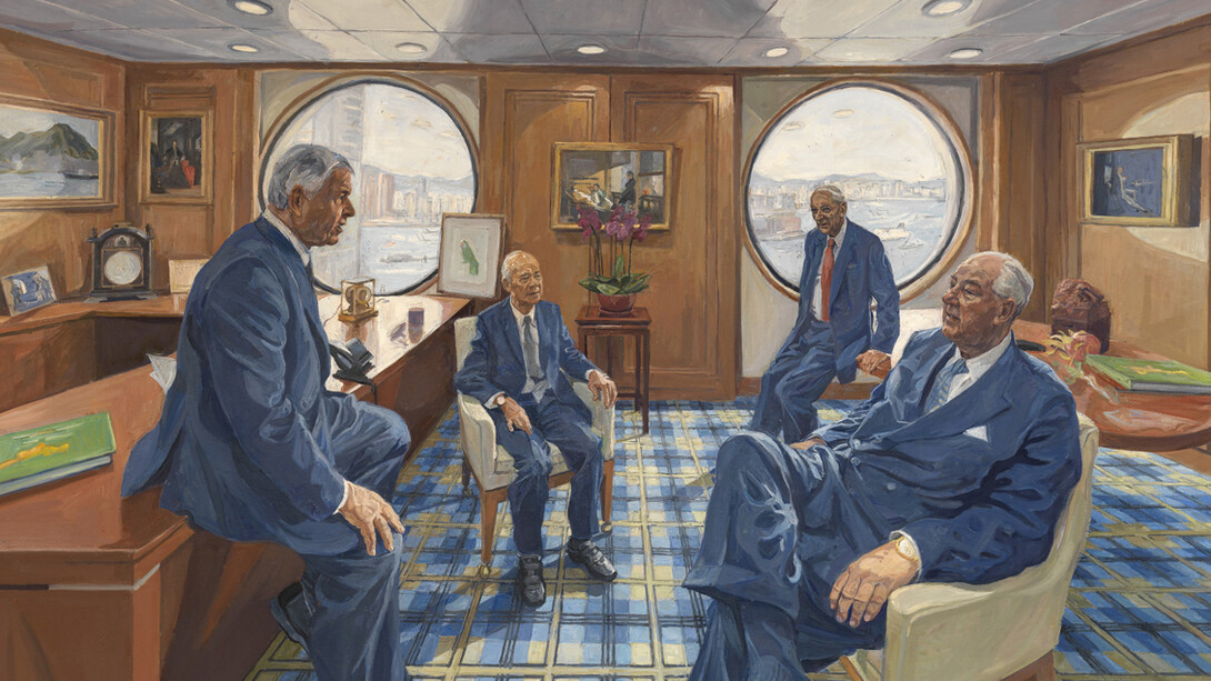 John Wonnacott, Taipans on the 48TH Floor, 2013, Oil on canvas, 42 x 60 in (107 x 153 cm)