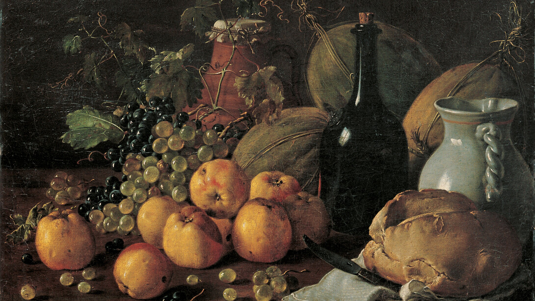 «Naturaleza muerta con manzanas, uva, melones, pan, garrafa y botella», Luis Meléndez (1716–1780)