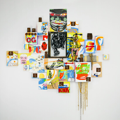 Navin Norling, The Key Maker, 2023, wood panels, clay board, found wood, found window, chain, found tin cans, spray paint, gold leaf, glitter, ink, acrylic, 96x96 inches. Courtesy the artist and Johnson Lowe Gallery