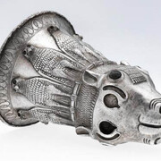 Silver calf’s head drinking vessel with lapis lazuli horn buds. Assyria, northern Mesopotamia. 7th century BCE. 19 x 13.3 cm. The al-Sabah Collection, Dar al-Athar al-Islamiyyah, Kuwait. 