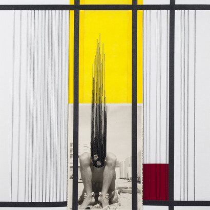 Maurizio Anzeri, Acrobatics, 2018
Embroidery, tape, brass, steel on found photograph, 9.5 x 9.5 inches. Courtesy of the artist and Haines Gallery