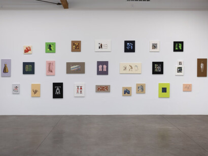 Elaine Reichek, Frock-Conscious, installation view. Courtesy of Shoshana Wayne Gallery